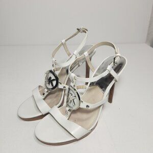 Michael Kors Sandal Heels White With Silver Logo Strappy